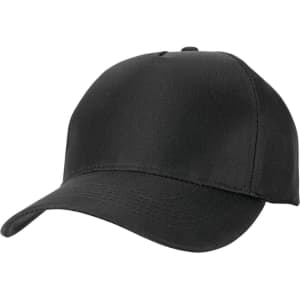 A black Polycotton Impact Cap featuring a curved brim and a logo. Suitable for headwear promotion.
