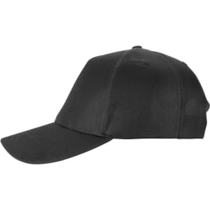A black polycotton cap with a curved brim and a logo. Features a classic six-panel design.