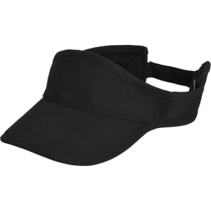 A black sports visor with a curved brim and adjustable strap at the back, featuring a logo.