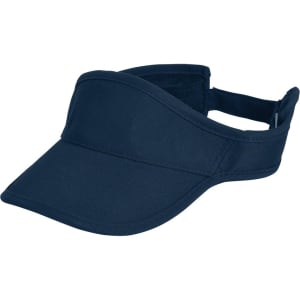 A navy sports visor with a wide brim and an adjustable strap. It features branding on the side.
