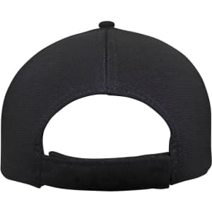 A black Ottoman cap featuring a flat brim and an adjustable strap at the back, with a logo present.