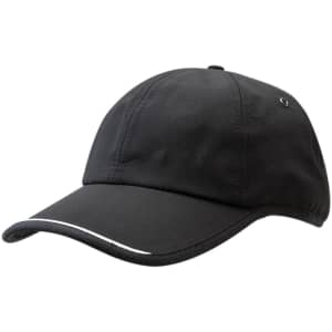 A black cap with a curved brim and a white accent along the front. It features a logo on the side.
