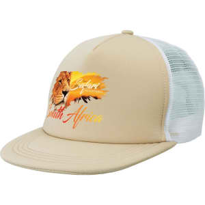 A beige trucker cap with a white mesh back, featuring a lion graphic and text.