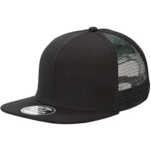 A black snapback trucker cap featuring a solid front panel and mesh back. It has a logo on the front.