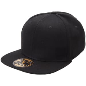 A black snapback cap with a flat brim and a logo on the front.