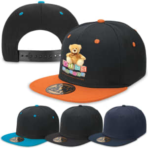 A black and orange snapback cap featuring a bear design, with additional caps in black and navy displayed below.