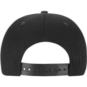 A black youth snapback cap featuring a solid design and an adjustable snap closure at the back.