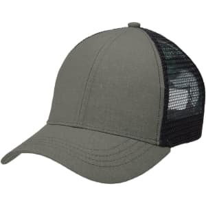 A trucker cap in olive green with a black mesh back and a curved brim. It features a logo on the front.