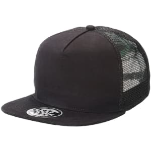 A black trucker cap with a flat peak and mesh back, featuring a logo on the front.
