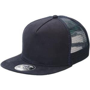 A black Chino Flat Peak Trucker cap featuring a mesh back and an embroidered logo on the front.