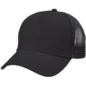 A black heathered mesh trucker cap featuring a solid front and mesh sides, with a logo on the front.