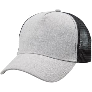 A grey heathered mesh trucker cap with a black mesh back and a curved brim. Features a logo on the front.
