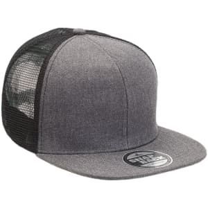 A grey heathered trucker cap with a flat peak and black mesh back. Features a logo on the front.