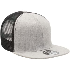 A grey and black trucker cap with a flat peak and mesh back, featuring a logo on the front.