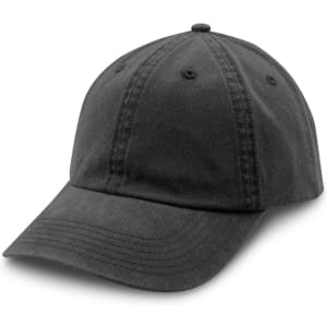 A black washed chino cap featuring a curved brim and six panels, with a logo on the front.