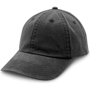 A washed black chino cap with a rounded crown and a curved brim, featuring a logo on the front.