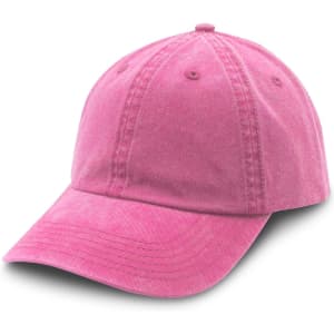 A pink washed chino cap with a curved brim and eyelet ventilation. Features a branding logo on the front.
