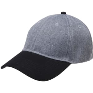 A curved cap featuring a grey heather top and a black brim, with a logo on the front.