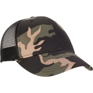 A black and camo trucker cap featuring a mesh back and a logo.
