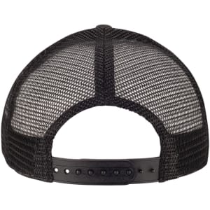 A black camo trucker cap featuring a mesh back and a snap closure. Includes a logo on the back.