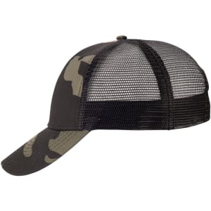 A black camo trucker cap featuring a mesh back and a curved brim. It has a structured design and a logo on the front.