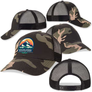 A black camo trucker cap featuring a logo, with mesh back and adjustable strap.