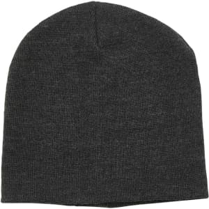 A dark grey beanie with a smooth texture and a fitted design. It features a logo on one side.
