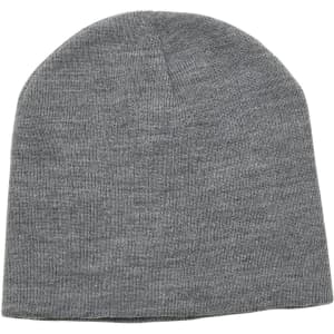 A grey beanie made from knit fabric, featuring a simple design and a logo on it.