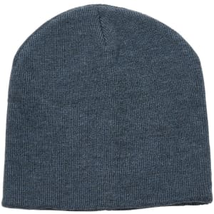 A grey beanie made from soft fabric, featuring a seamless design and a small logo.