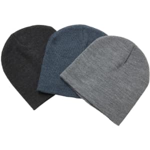 Three beanies in varying shades of grey: dark grey, slate blue, and light grey, all displayed together.