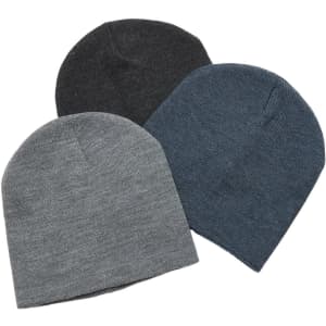 A collection of three beanies in dark grey, light grey, and navy blue, featuring a simple design and logo.