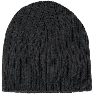 A grey cable knit beanie featuring a ribbed texture and a logo on the side.