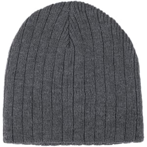 A grey cable knit beanie featuring a textured design and a logo. Suitable for headwear.