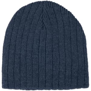 A dark blue cable knit beanie with a ribbed texture, featuring a logo on the side.