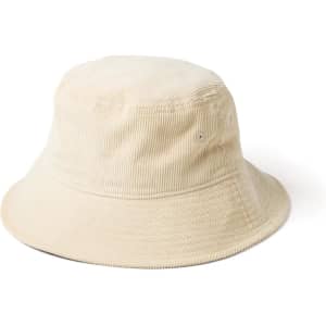 A beige corduroy bucket hat with a round crown and wide brim, featuring a logo.
