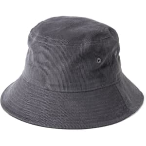 A grey cord bucket hat with a wide brim and a logo tag. Suitable for casual wear.