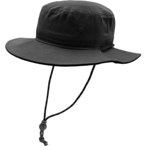 A black brim and bucket hat with a chin strap and a logo.