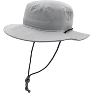 A grey bucket hat featuring a wide brim and an adjustable drawstring. It has a logo on the side.