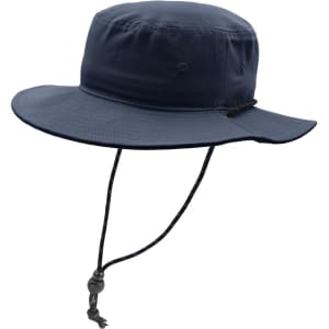 A navy blue brim and bucket hat with a chin strap and a logo.