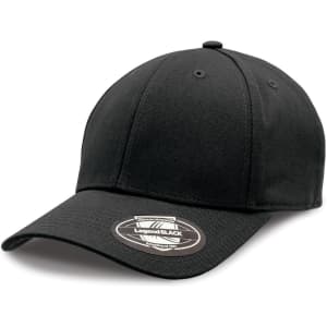 A black cap with a curved visor and branding on the underside of the peak.