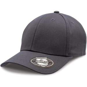 A black cap with a curved brim and a logo on the front, featuring a structured design.