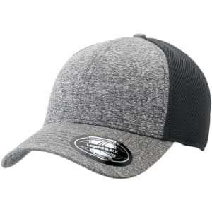 A black and grey trucker cap with a mesh panel and a logo on the side.