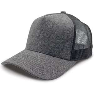 A grey trucker cap featuring a textured front panel and mesh back for breathability. It has a logo on the front.