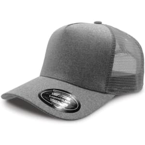 A grey trucker cap with a solid front and a mesh back, featuring a logo on the tag.