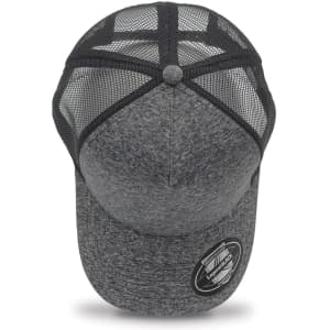 A grey trucker cap featuring a mesh back and a rounded peak, complete with a logo.