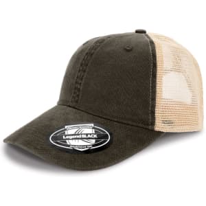 A vintage-style cap featuring an olive green front and a mesh back, complete with a branding logo on the side.