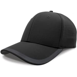 A black cap with a solid design and a sleek visor, featuring ventilation details and a logo.