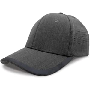 A grey cap with a rounded brim and textured fabric, featuring ventilation holes on the side and a logo.