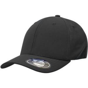 A black cap featuring a curved brim and an adjustable strap at the back, includes a logo label.