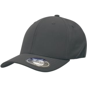A grey cap with a curved brim and an adjustable back, featuring a logo on the side.